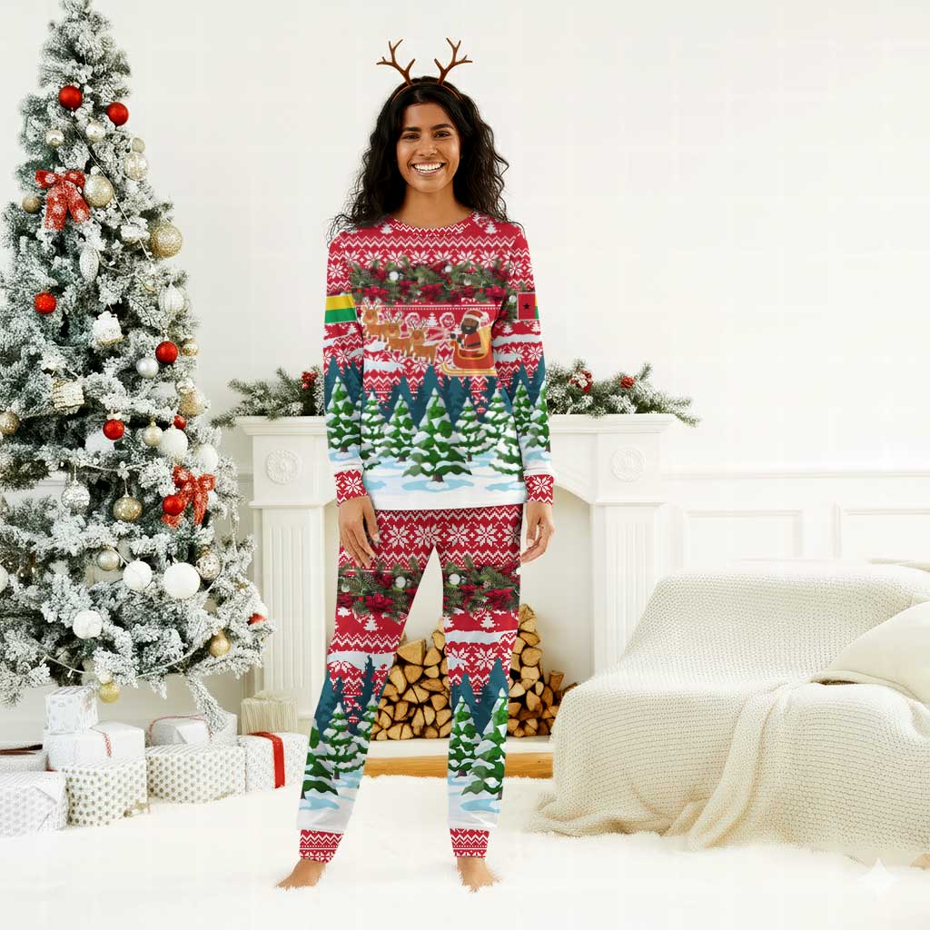 Guinea Bissau Christmas Pajama Set Santa Sleigh Reindeer Forest and National Flag - African Pride