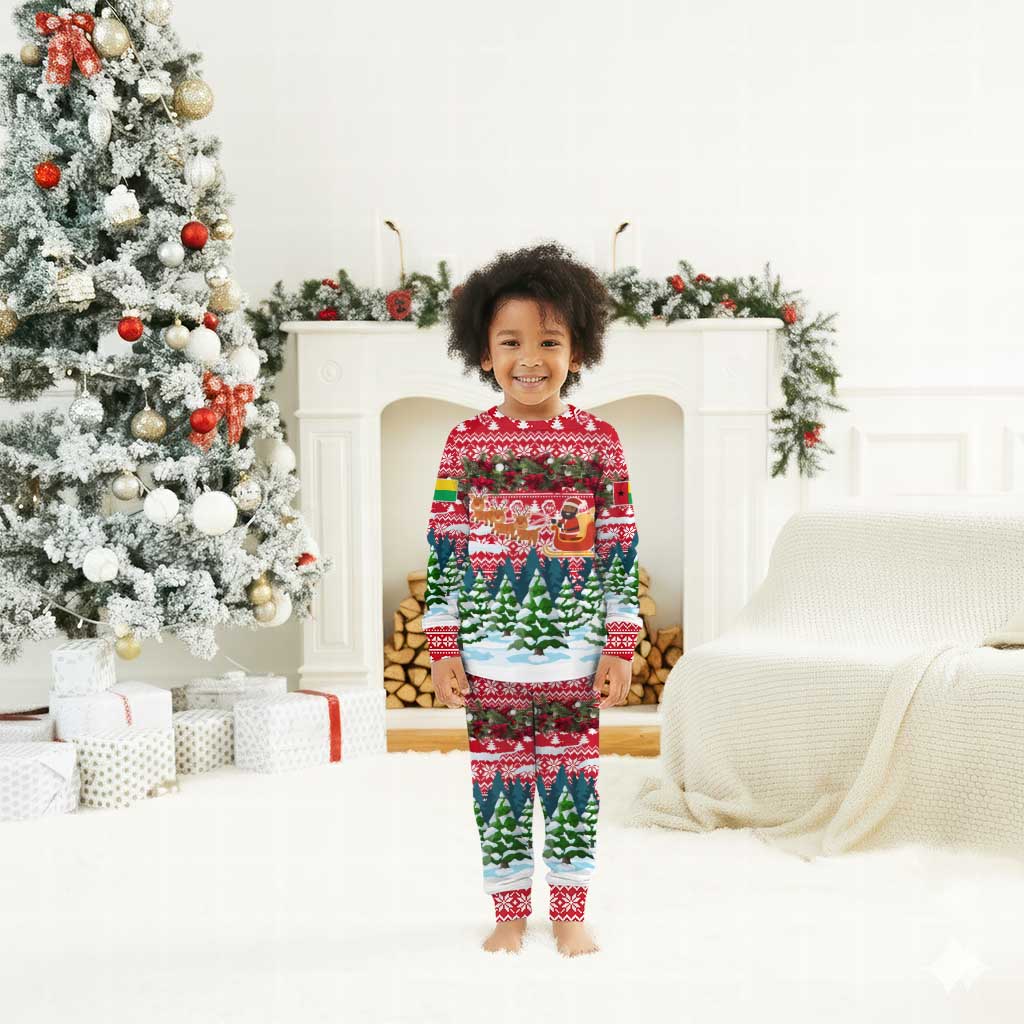 Guinea Bissau Christmas Pajama Set Santa Sleigh Reindeer Forest and National Flag - African Pride