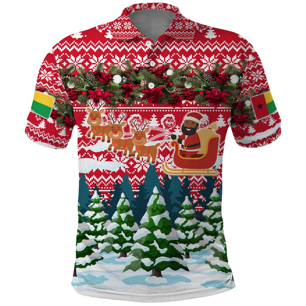 Guinea Bissau Christmas Polo Shirt Santa Sleigh Reindeer Forest and National Flag - African Pride