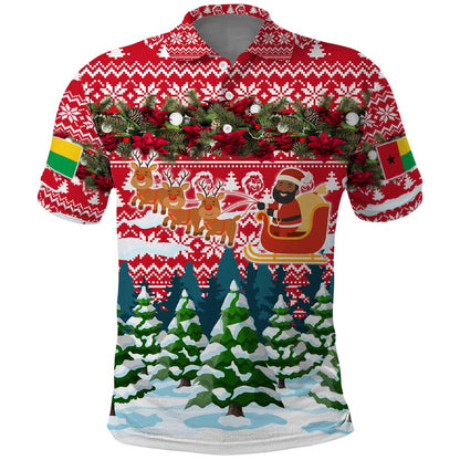 Guinea Bissau Christmas Polo Shirt Santa Sleigh Reindeer Forest and National Flag - African Pride