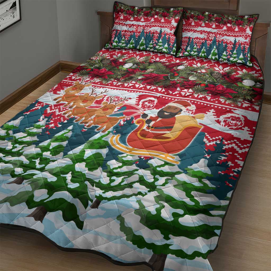Guinea Bissau Christmas Quilt Bed Set Santa Sleigh Reindeer Forest and National Flag - African Pride