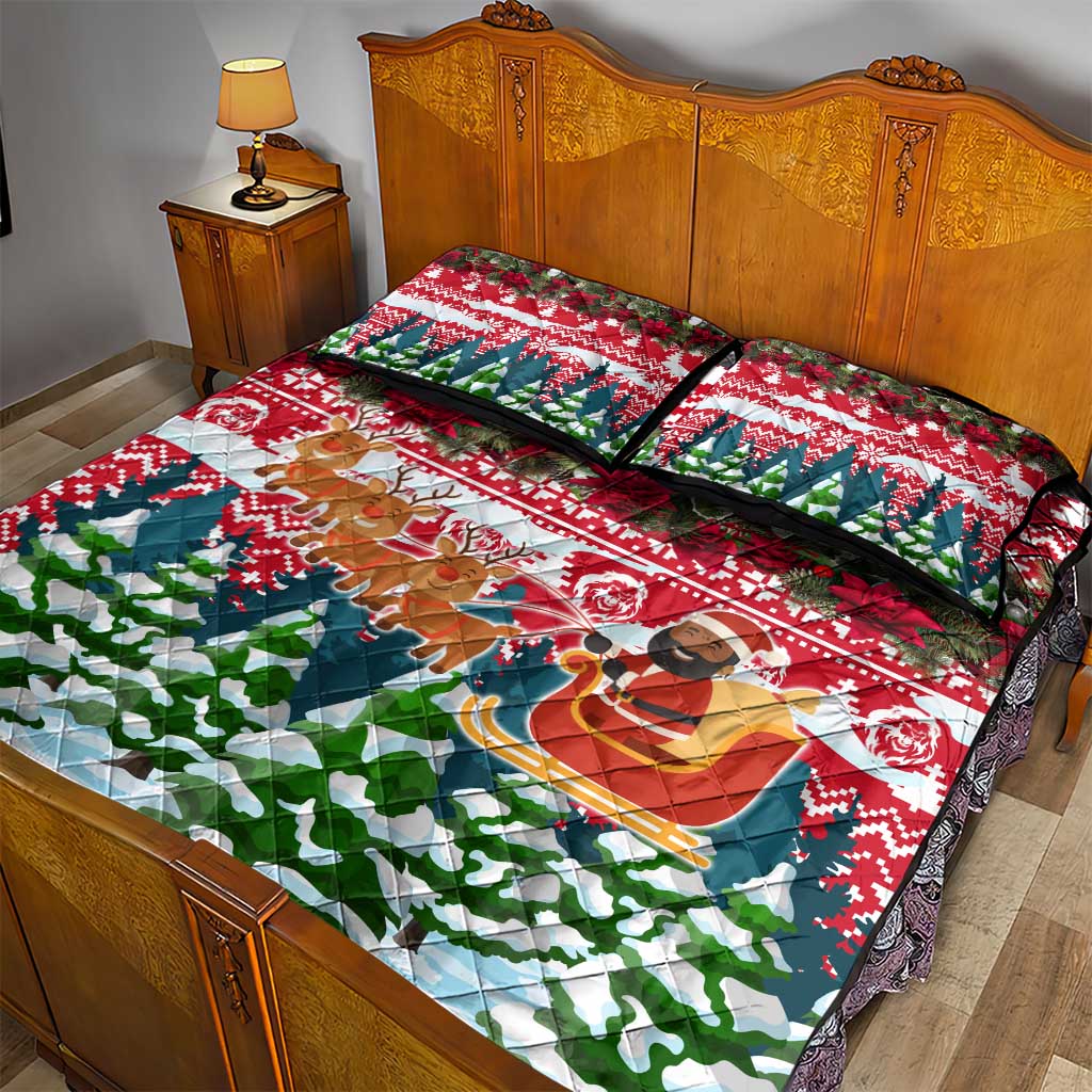 Guinea Bissau Christmas Quilt Bed Set Santa Sleigh Reindeer Forest and National Flag - African Pride
