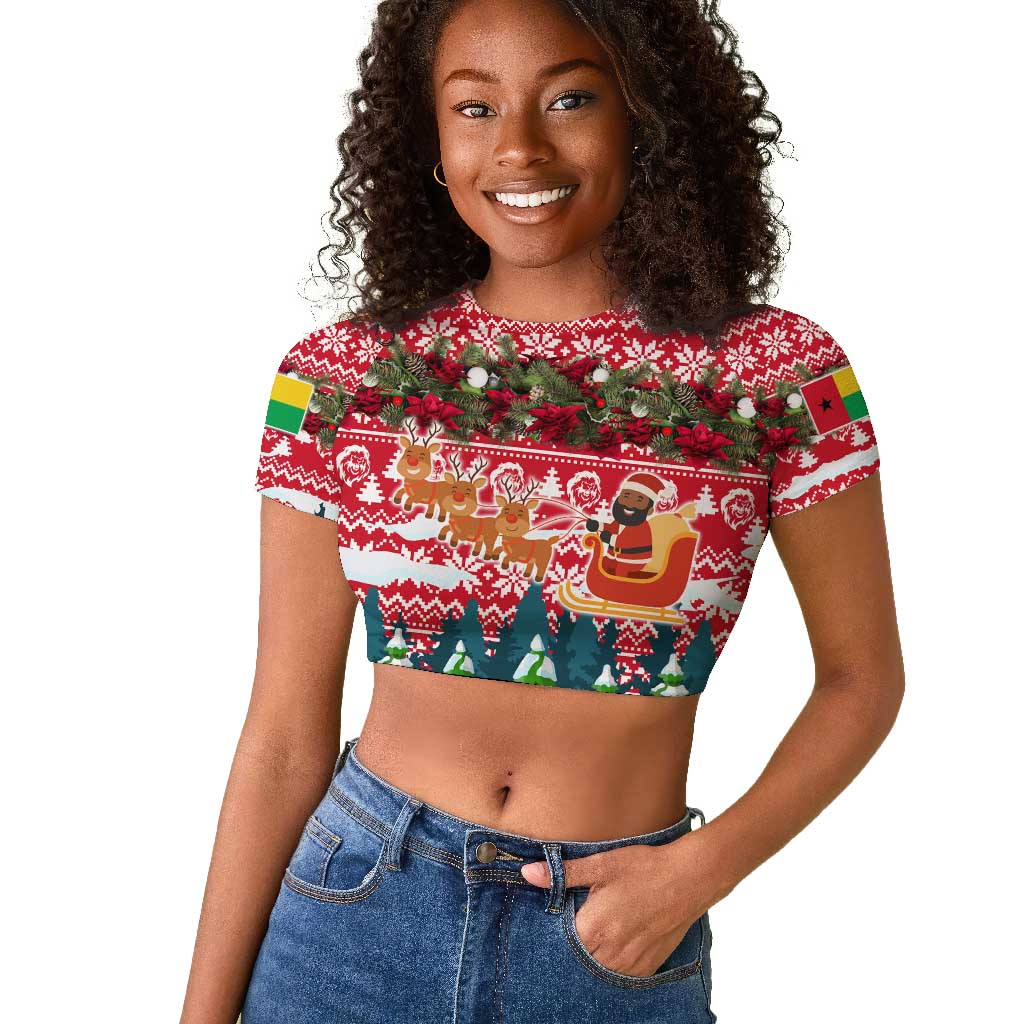 Guinea Bissau Christmas Raglan Cropped T shirt Santa Sleigh Reindeer Forest and National Flag - African Pride