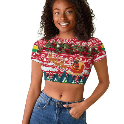 Guinea Bissau Christmas Raglan Cropped T shirt Santa Sleigh Reindeer Forest and National Flag - African Pride