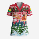 Guinea Bissau Christmas Scrub Top Santa Sleigh Reindeer Forest and National Flag - African Pride