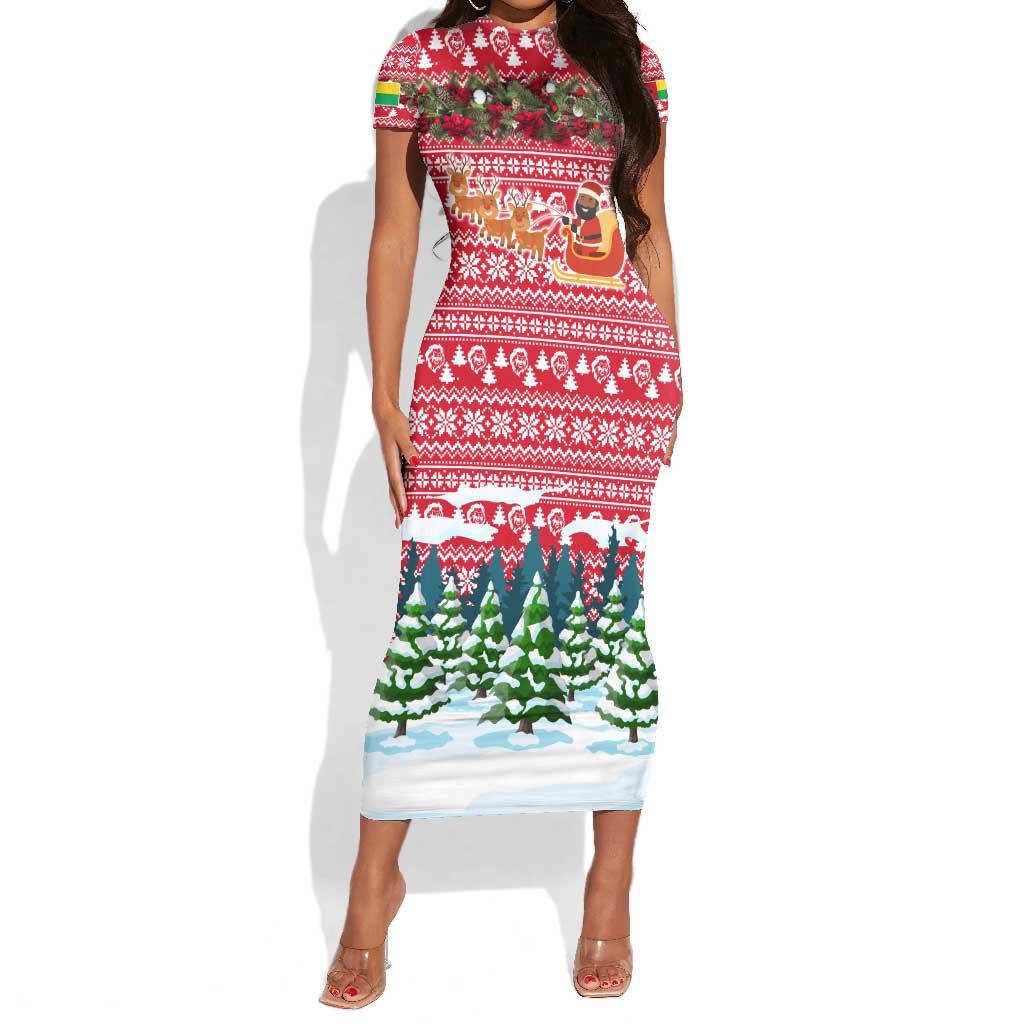Guinea Bissau Christmas Short Sleeve Bodycon Dress Santa Sleigh Reindeer Forest and National Flag - African Pride