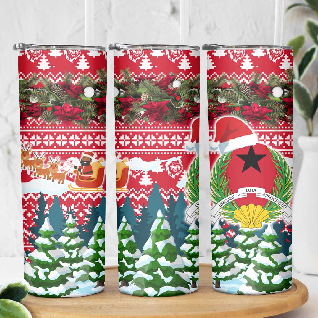 Guinea Bissau Christmas Skinny Tumbler Santa Sleigh Reindeer Forest and National Flag - African Pride