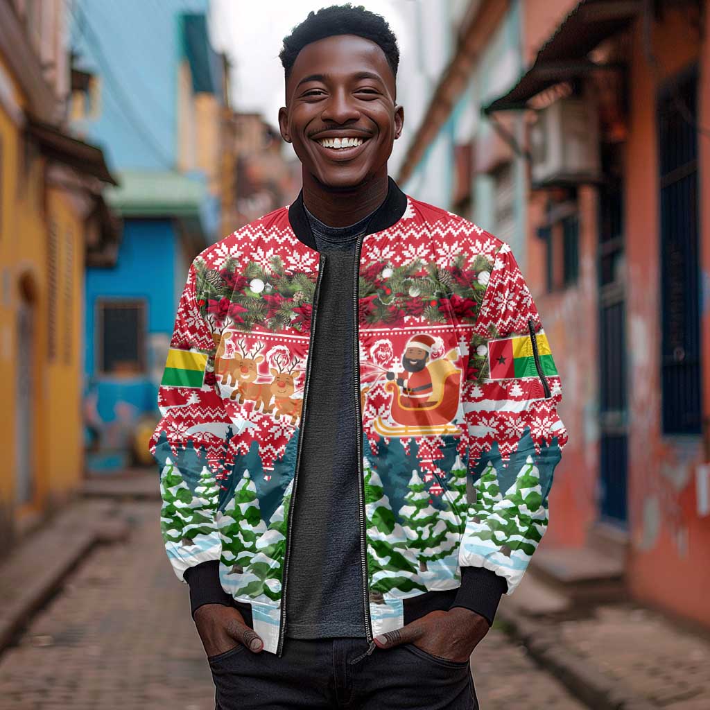 Guinea Bissau Christmas Sleeve Zip Bomber Jacket Santa Sleigh Reindeer Forest and National Flag - African Pride