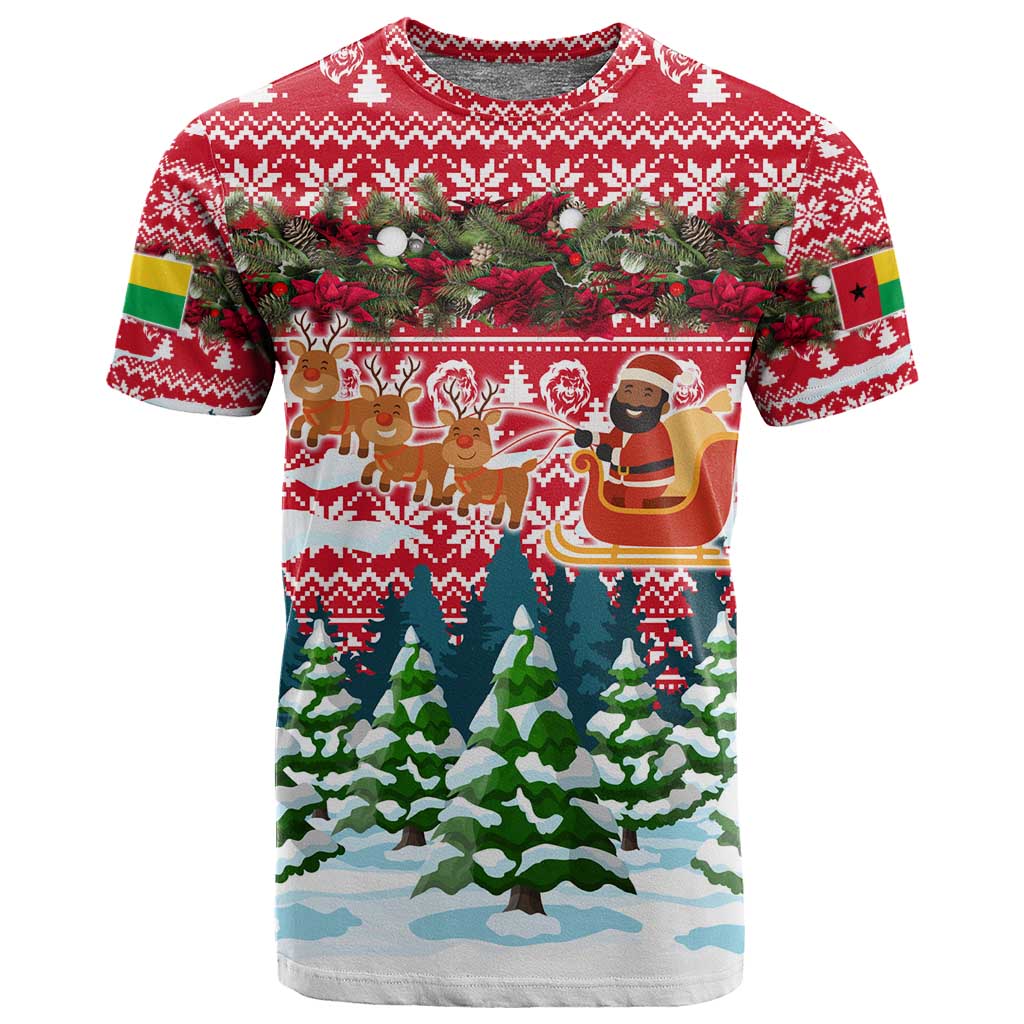 Guinea Bissau Christmas T shirt Santa Sleigh Reindeer Forest and National Flag - African Pride