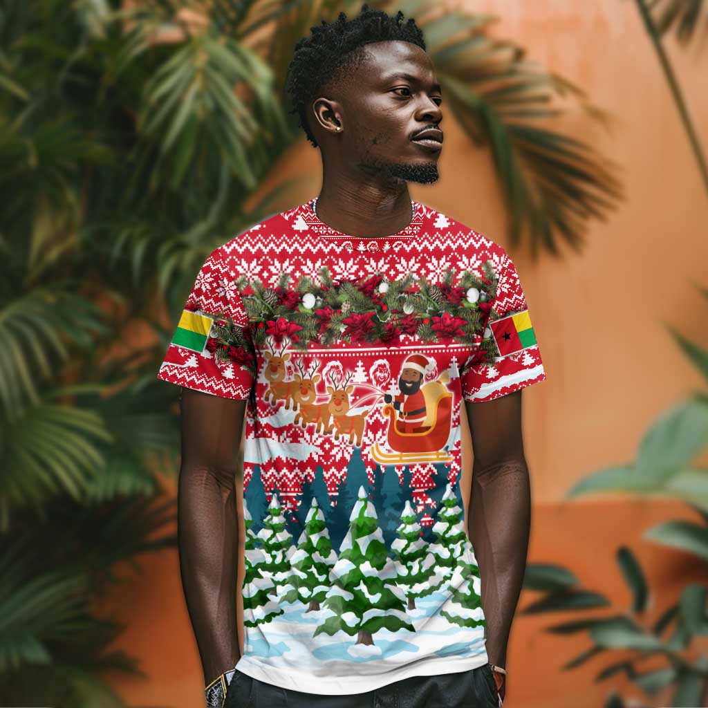 Guinea Bissau Christmas T shirt Santa Sleigh Reindeer Forest and National Flag - African Pride