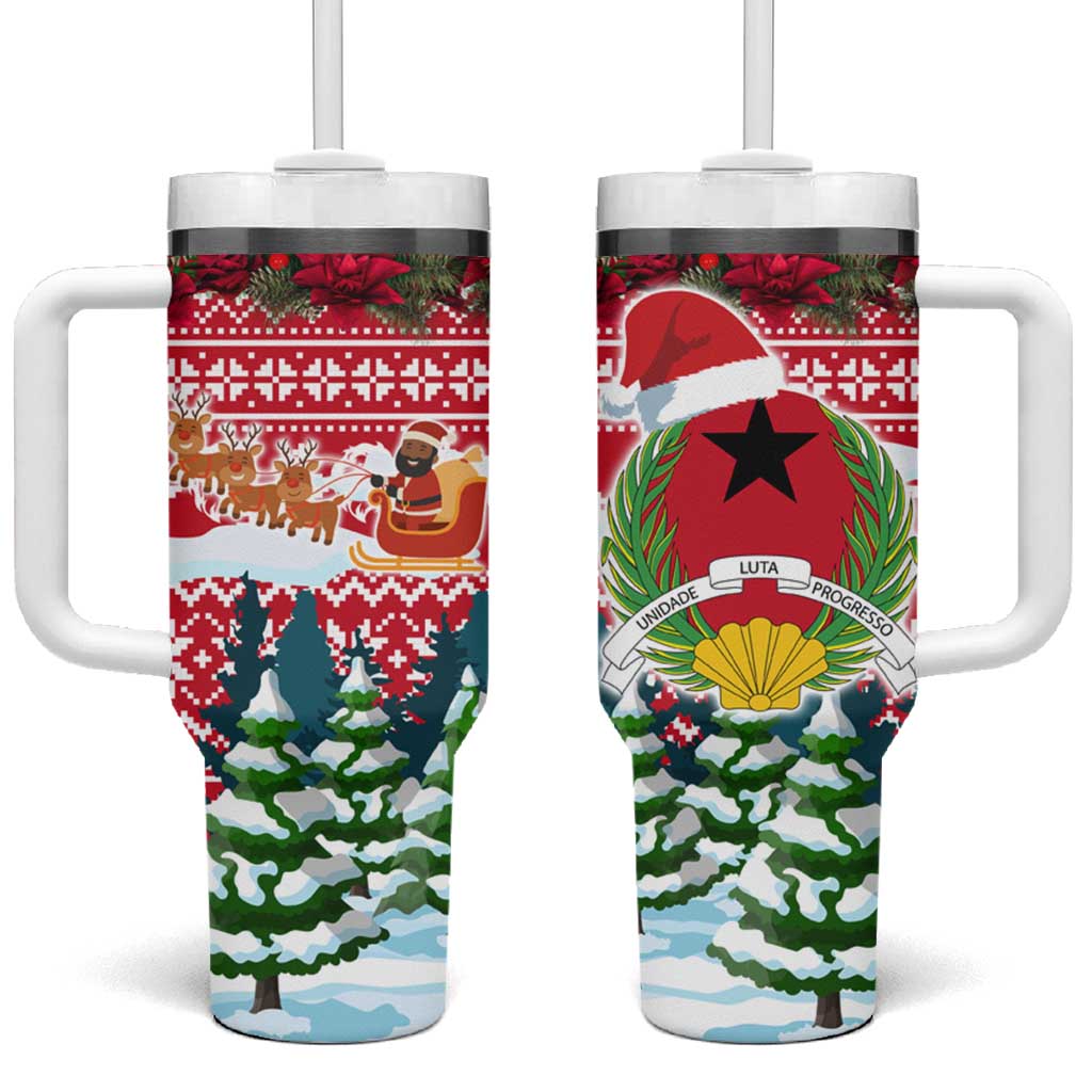 Guinea Bissau Christmas Tumbler With Handle Santa Sleigh Reindeer Forest and National Flag - African Pride