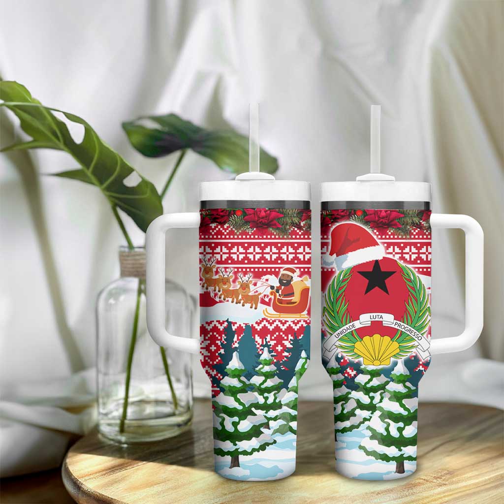 Guinea Bissau Christmas Tumbler With Handle Santa Sleigh Reindeer Forest and National Flag - African Pride