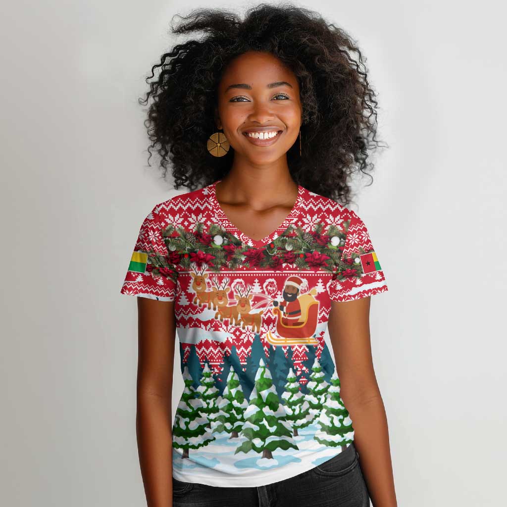 Guinea Bissau Christmas Women V-Neck T-Shirt Santa Sleigh Reindeer Forest and National Flag - African Pride