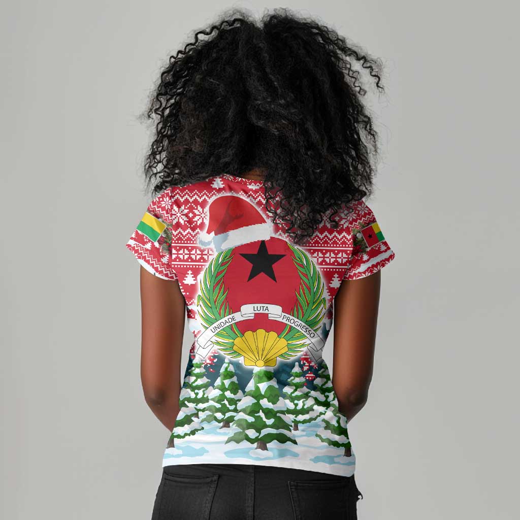 Guinea Bissau Christmas Women V-Neck T-Shirt Santa Sleigh Reindeer Forest and National Flag - African Pride
