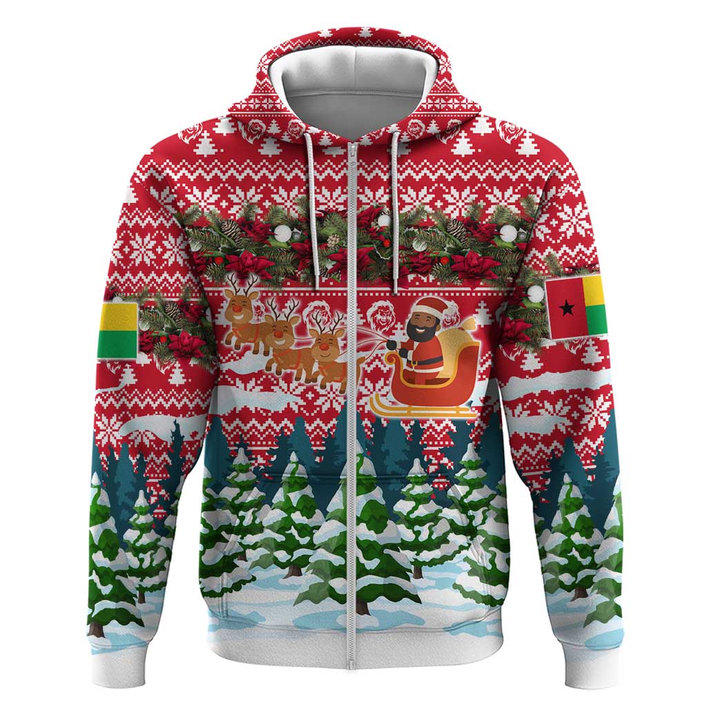 Guinea Bissau Christmas Zip Hoodie Santa Sleigh Reindeer Forest and National Flag - African Pride