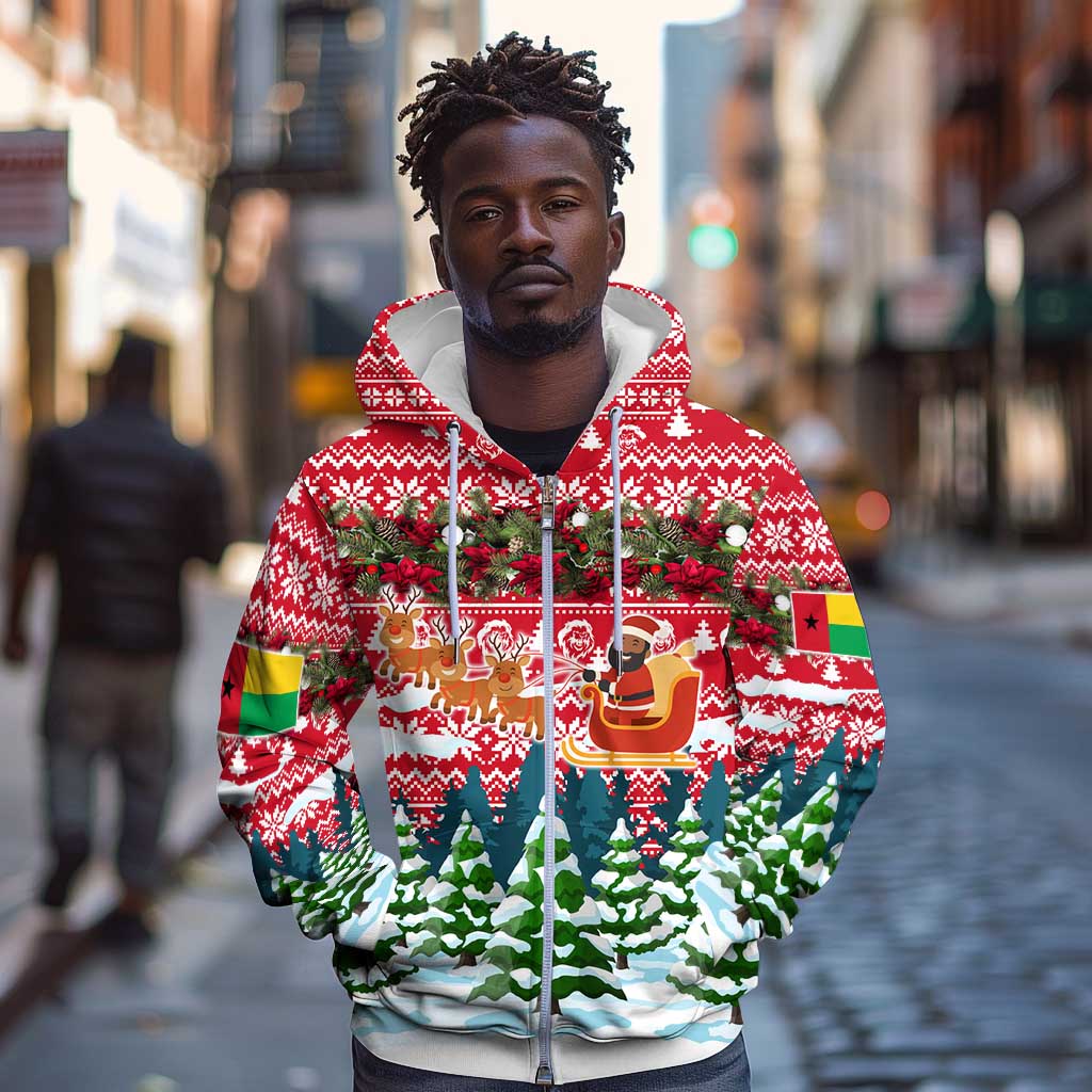 Guinea Bissau Christmas Zip Hoodie Santa Sleigh Reindeer Forest and National Flag - African Pride