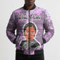 Rosa Parks Bomber Puffer Jacket Purple Floral Pattern Civil Rights Tribute Bold Name Repeated Text Design - African Pride