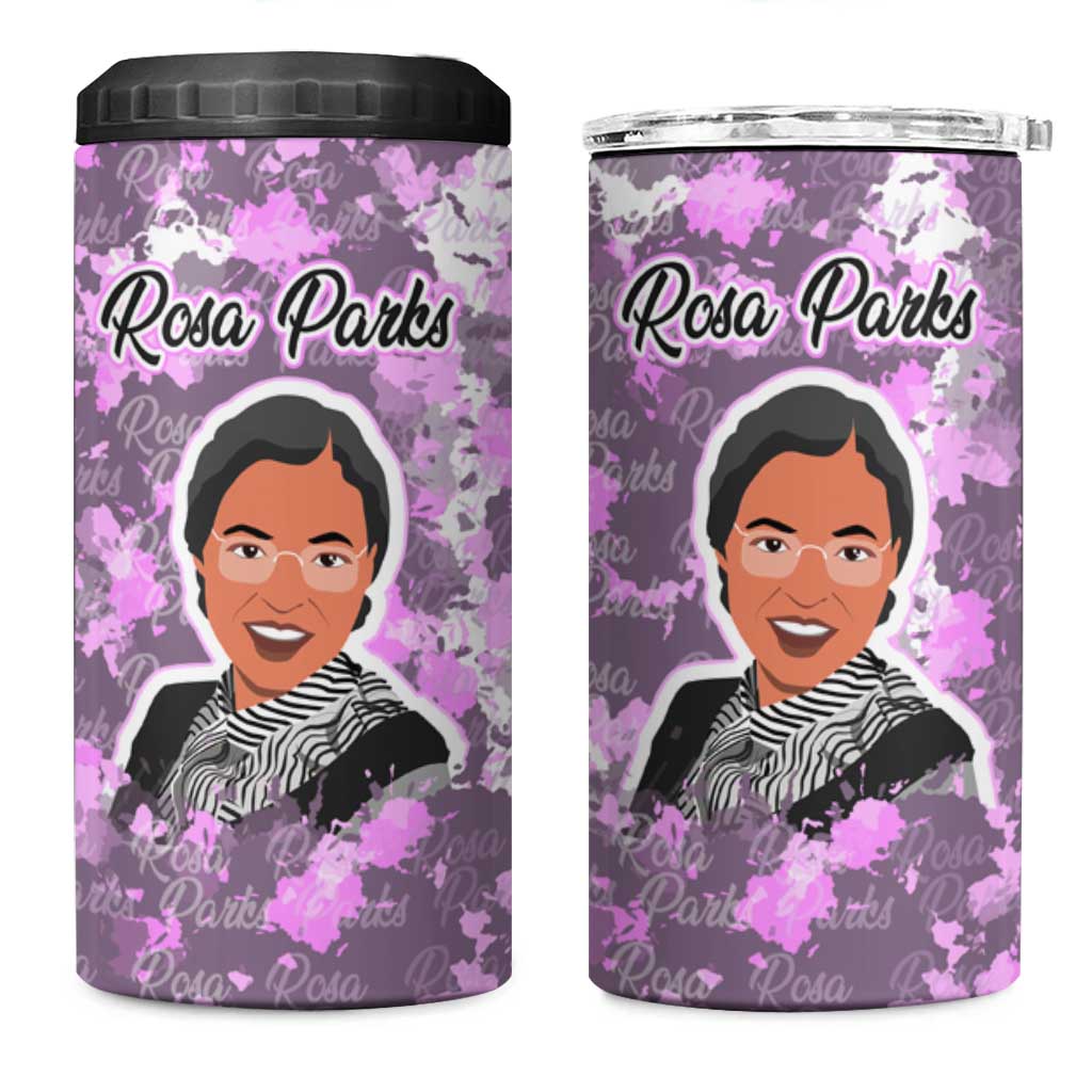Rosa Parks 4 in 1 Can Cooler Tumbler Purple Floral Pattern Civil Rights Tribute Bold Name Repeated Text Design - African Pride