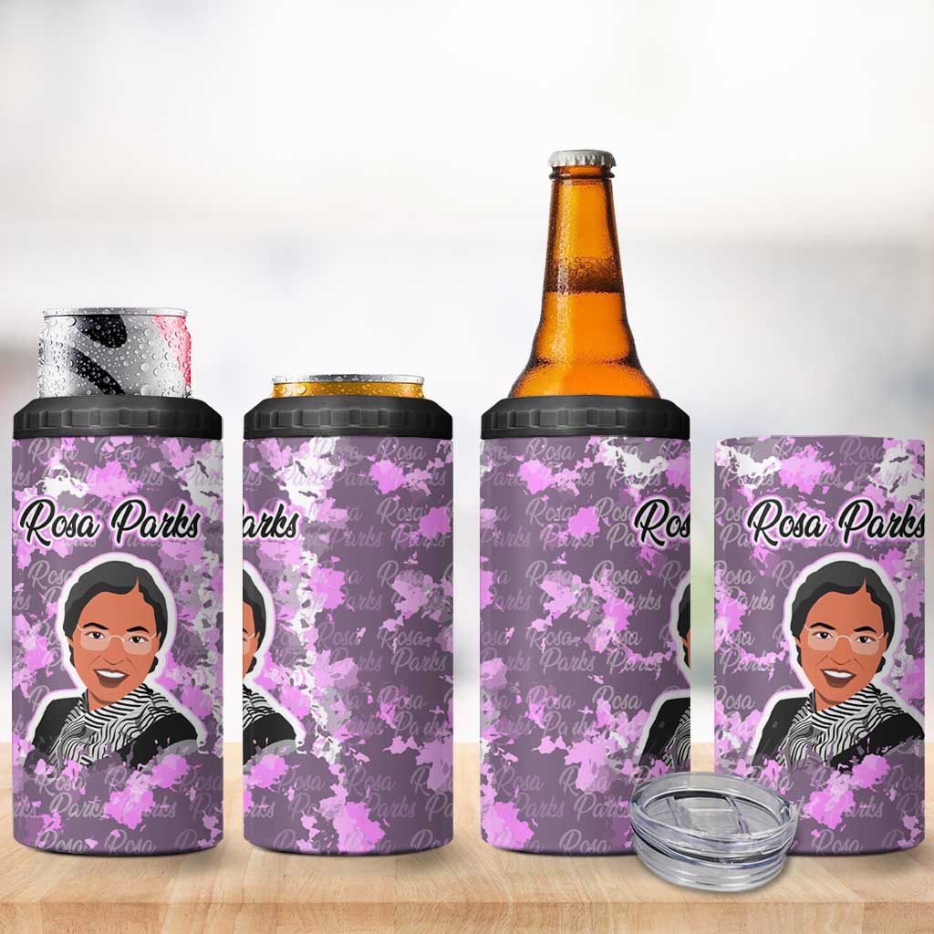 Rosa Parks 4 in 1 Can Cooler Tumbler Purple Floral Pattern Civil Rights Tribute Bold Name Repeated Text Design - African Pride