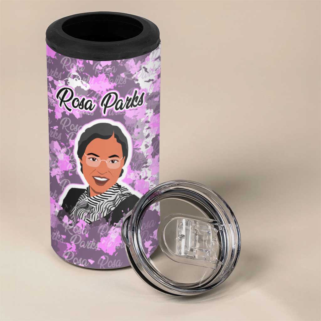 Rosa Parks 4 in 1 Can Cooler Tumbler Purple Floral Pattern Civil Rights Tribute Bold Name Repeated Text Design - African Pride