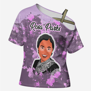 Rosa Parks Cross Shoulder Shirt Purple Floral Pattern Civil Rights Tribute Bold Name Repeated Text Design - African Pride