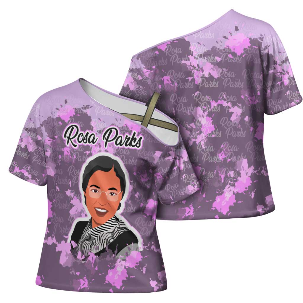 Rosa Parks Cross Shoulder Shirt Purple Floral Pattern Civil Rights Tribute Bold Name Repeated Text Design - African Pride