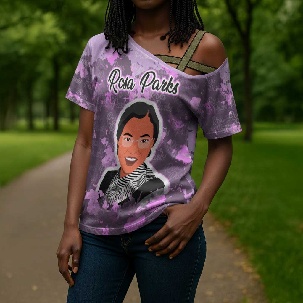 Rosa Parks Cross Shoulder Shirt Purple Floral Pattern Civil Rights Tribute Bold Name Repeated Text Design - African Pride