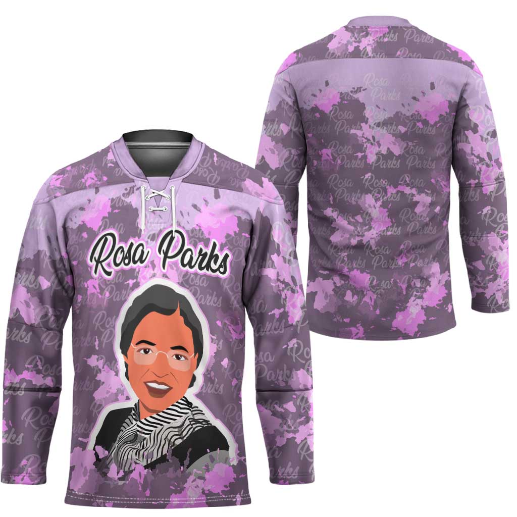 Rosa Parks Hockey Jersey Purple Floral Pattern Civil Rights Tribute Bold Name Repeated Text Design - African Pride