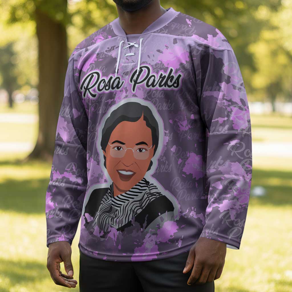Rosa Parks Hockey Jersey Purple Floral Pattern Civil Rights Tribute Bold Name Repeated Text Design - African Pride