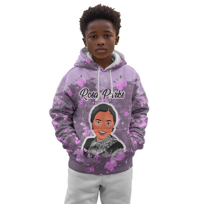 Rosa Parks Kid Hoodie Purple Floral Pattern Civil Rights Tribute Bold Name Repeated Text Design - African Pride
