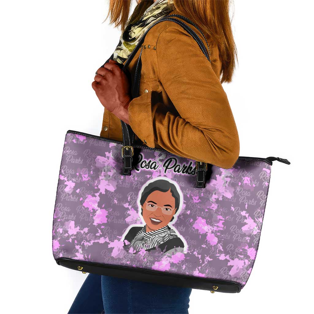 Rosa Parks Leather Tote Bag Purple Floral Pattern Civil Rights Tribute Bold Name Repeated Text Design - African Pride