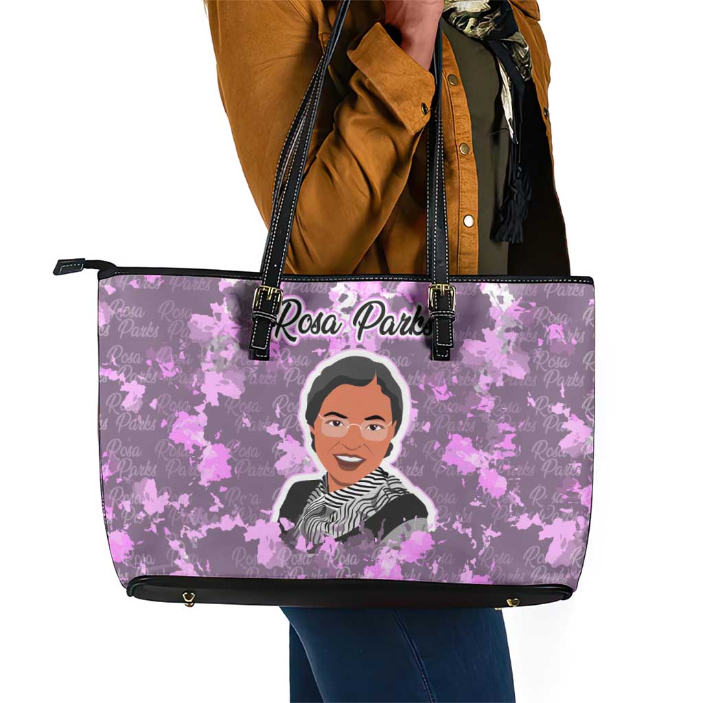 Rosa Parks Leather Tote Bag Purple Floral Pattern Civil Rights Tribute Bold Name Repeated Text Design - African Pride