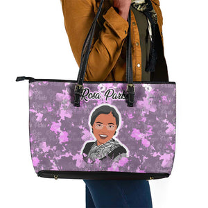 Rosa Parks Leather Tote Bag Purple Floral Pattern Civil Rights Tribute Bold Name Repeated Text Design - African Pride