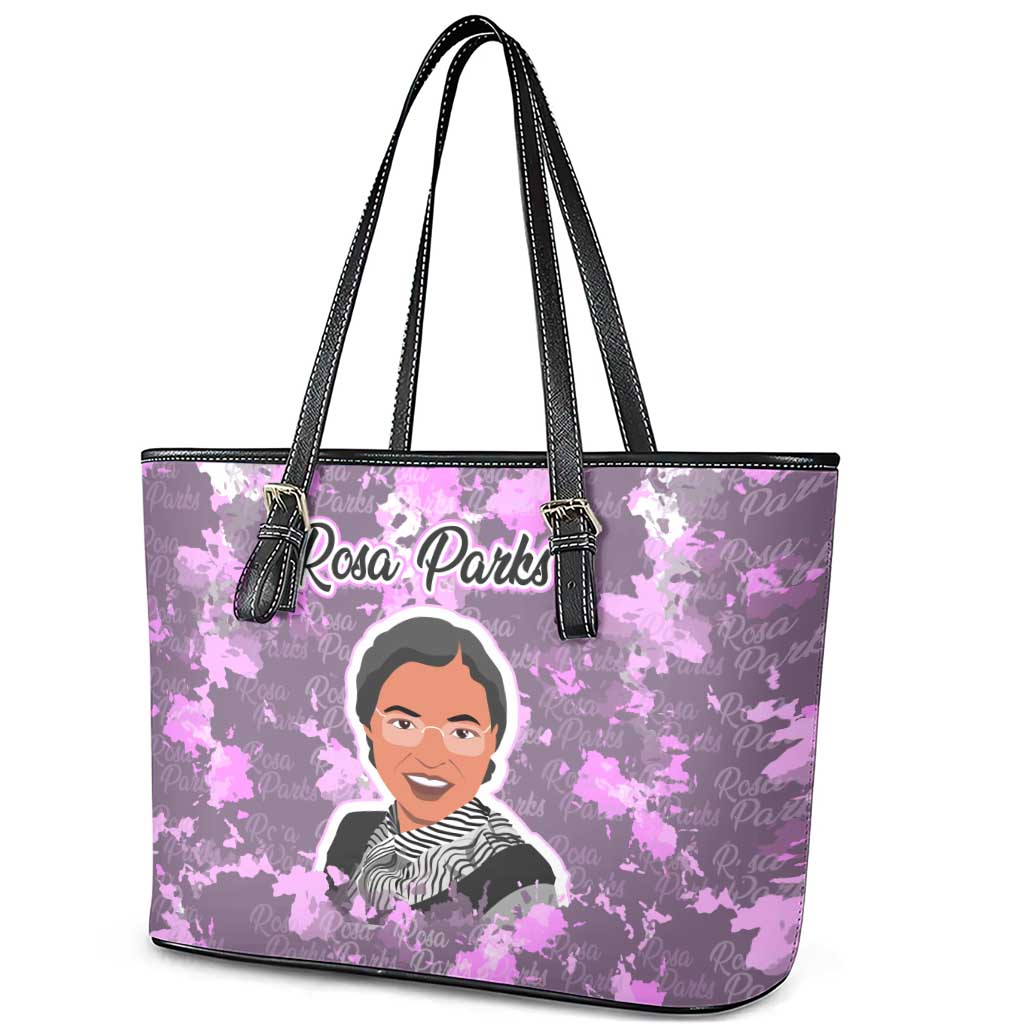 Rosa Parks Leather Tote Bag Purple Floral Pattern Civil Rights Tribute Bold Name Repeated Text Design - African Pride