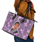Rosa Parks Leather Tote Bag Purple Floral Pattern Civil Rights Tribute Bold Name Repeated Text Design - African Pride