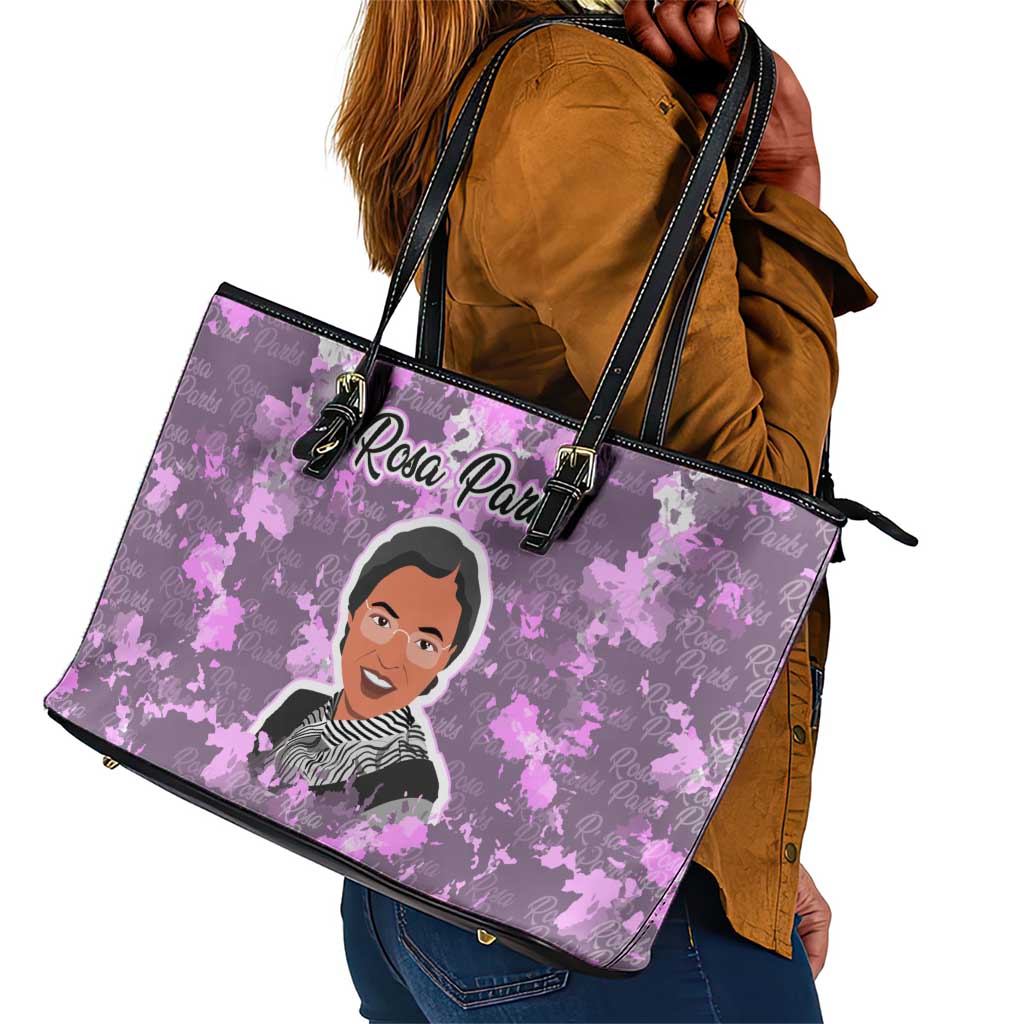 Rosa Parks Leather Tote Bag Purple Floral Pattern Civil Rights Tribute Bold Name Repeated Text Design - African Pride