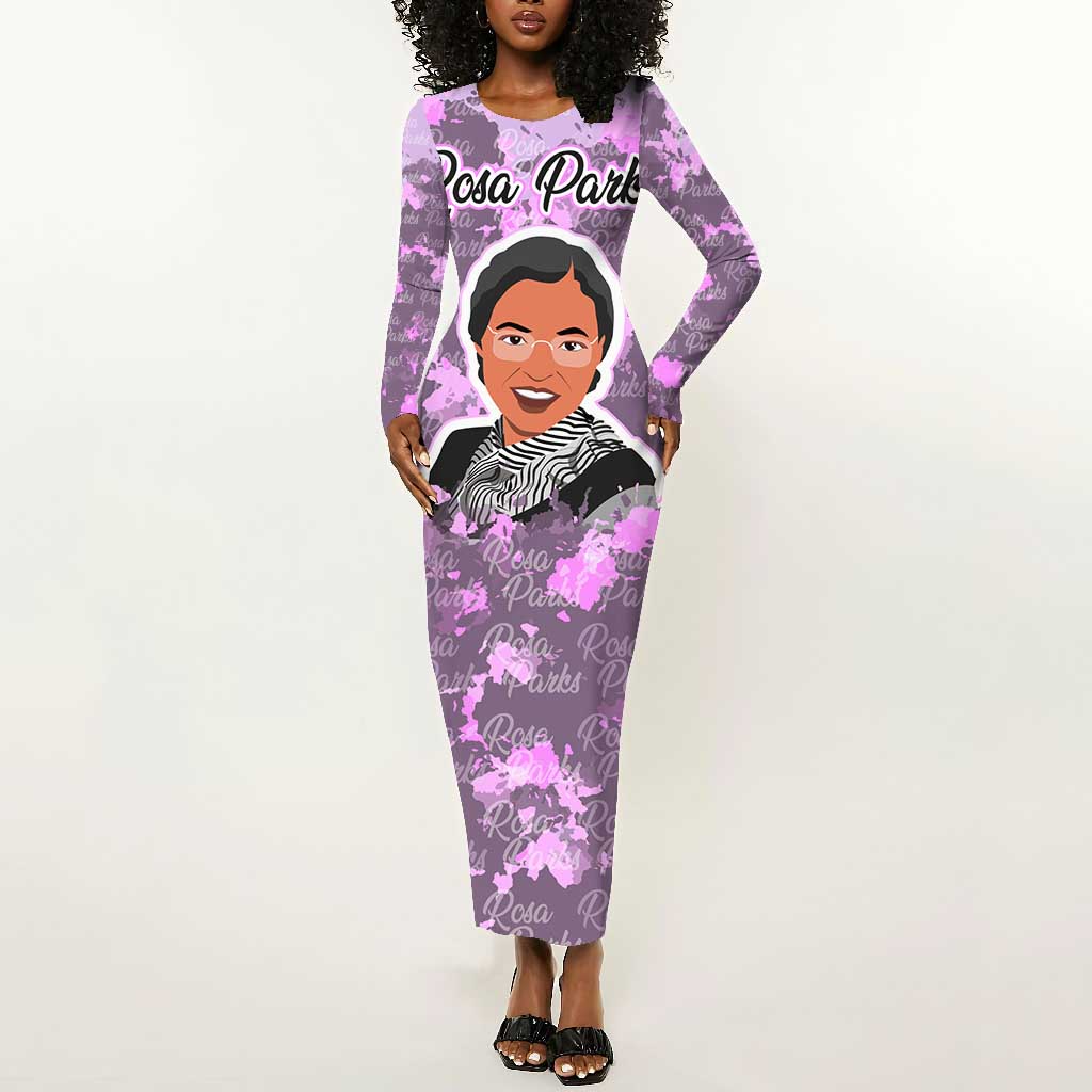 Rosa Parks Long Sleeve Bodycon Dress Purple Floral Pattern Civil Rights Tribute Bold Name Repeated Text Design - African Pride