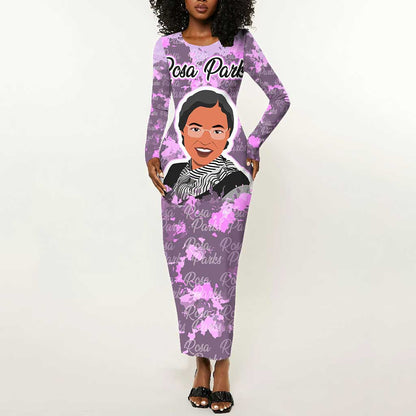 Rosa Parks Long Sleeve Bodycon Dress Purple Floral Pattern Civil Rights Tribute Bold Name Repeated Text Design - African Pride