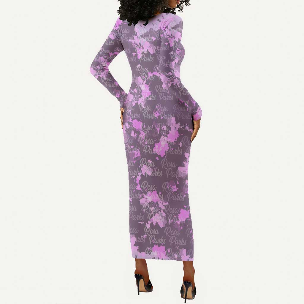 Rosa Parks Long Sleeve Bodycon Dress Purple Floral Pattern Civil Rights Tribute Bold Name Repeated Text Design - African Pride