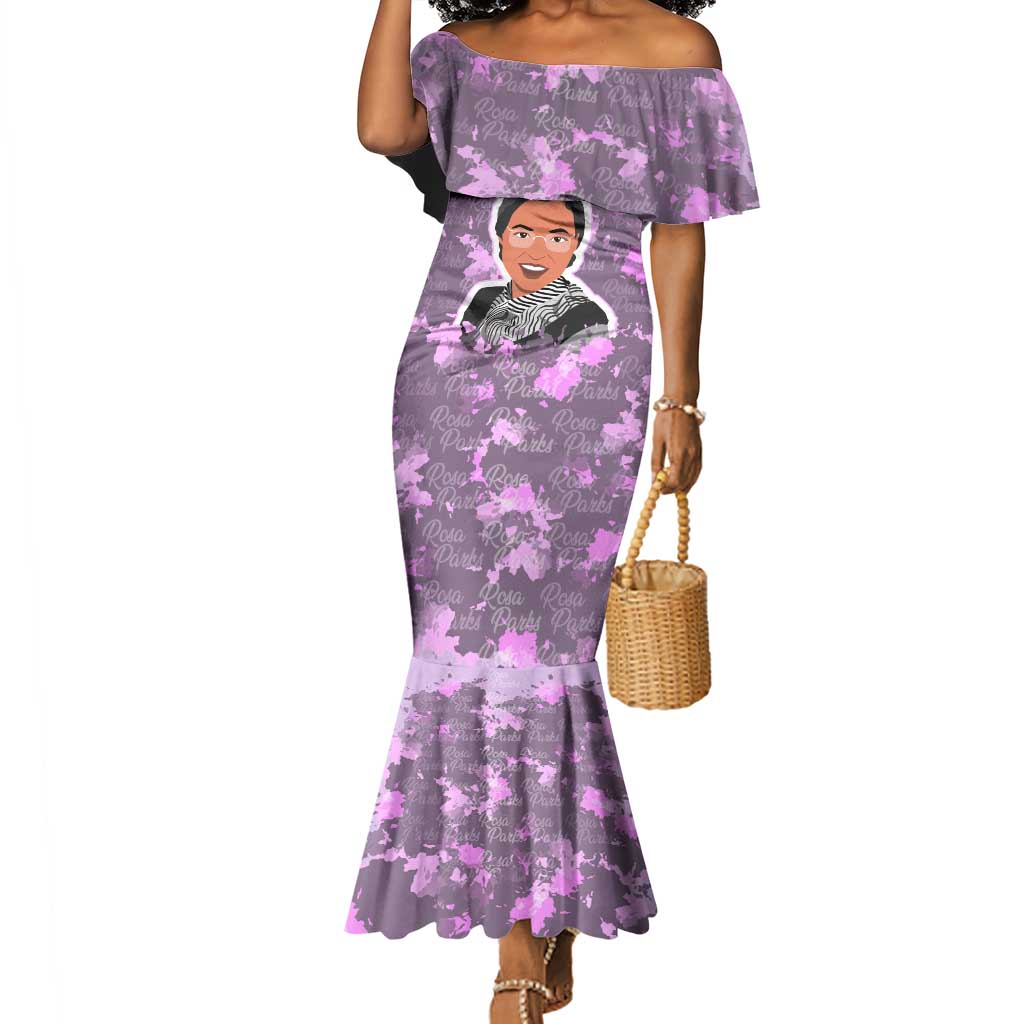 Rosa Parks Mermaid Dress Purple Floral Pattern Civil Rights Tribute Bold Name Repeated Text Design - African Pride
