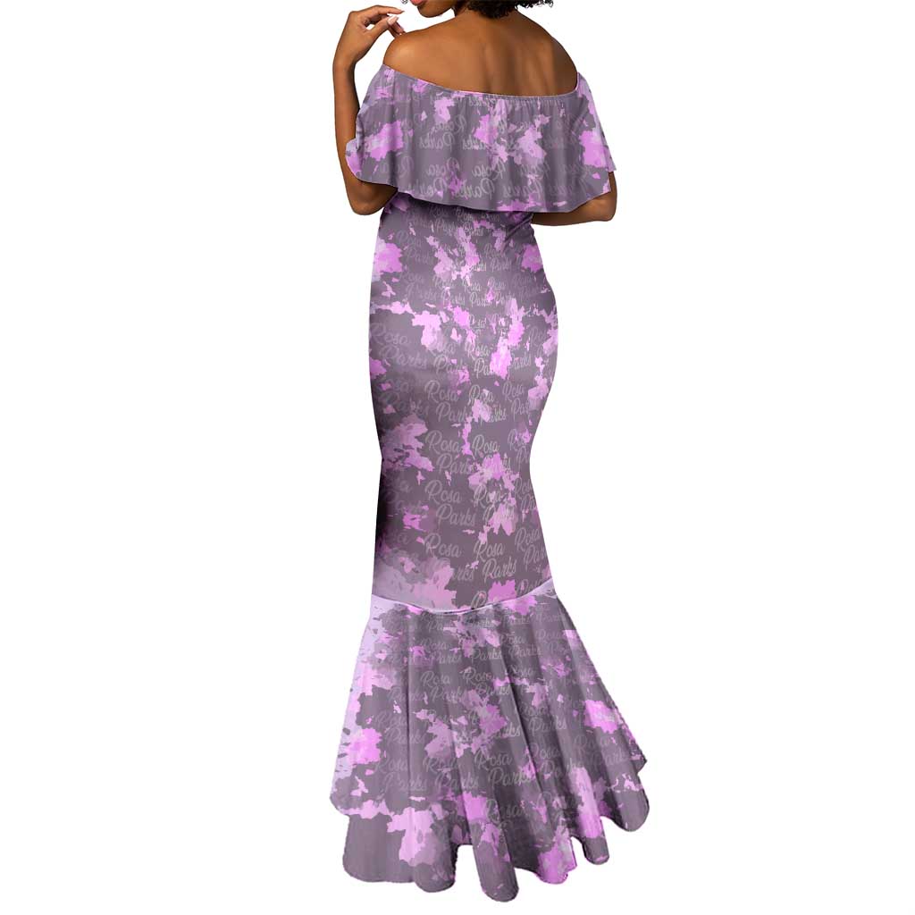 Rosa Parks Mermaid Dress Purple Floral Pattern Civil Rights Tribute Bold Name Repeated Text Design - African Pride