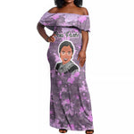 Rosa Parks Off Shoulder Maxi Dress Purple Floral Pattern Civil Rights Tribute Bold Name Repeated Text Design - African Pride