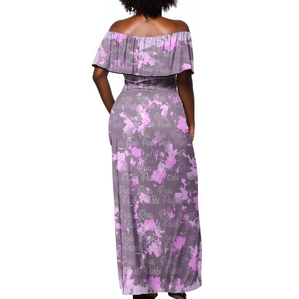 Rosa Parks Off Shoulder Maxi Dress Purple Floral Pattern Civil Rights Tribute Bold Name Repeated Text Design - African Pride