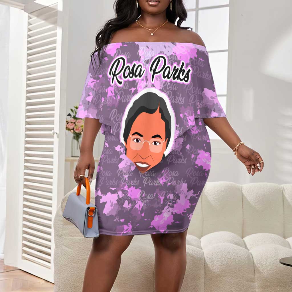 Rosa Parks Off Shoulder Short Dress Purple Floral Pattern Civil Rights Tribute Bold Name Repeated Text Design - African Pride