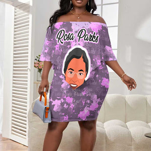 Rosa Parks Off Shoulder Short Dress Purple Floral Pattern Civil Rights Tribute Bold Name Repeated Text Design - African Pride