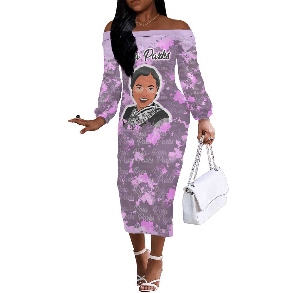 Rosa Parks Off The Shoulder Long Sleeve Dress Purple Floral Pattern Civil Rights Tribute Bold Name Repeated Text Design - African Pride