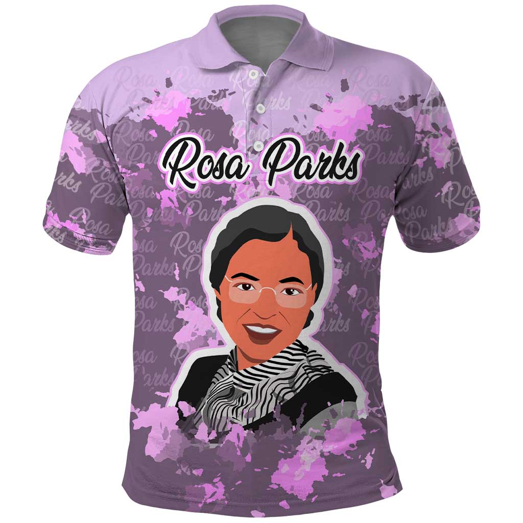 Rosa Parks Polo Shirt Purple Floral Pattern Civil Rights Tribute Bold Name Repeated Text Design TS04