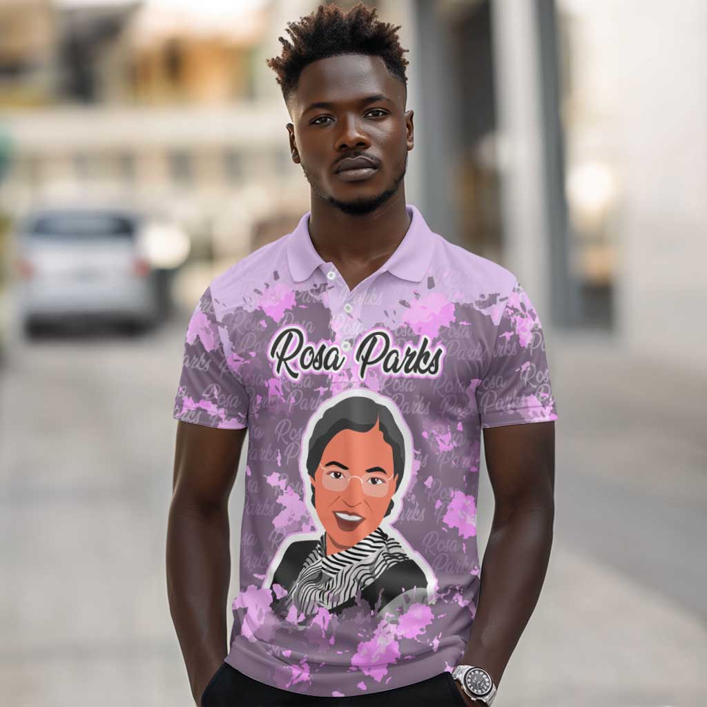 Rosa Parks Polo Shirt Purple Floral Pattern Civil Rights Tribute Bold Name Repeated Text Design TS04