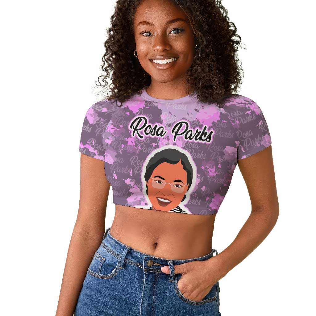 Rosa Parks Raglan Cropped T shirt Purple Floral Pattern Civil Rights Tribute Bold Name Repeated Text Design TS04
