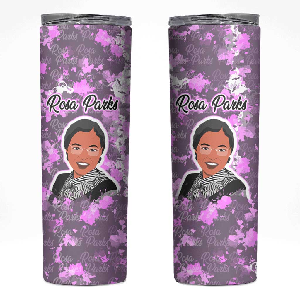 Rosa Parks Skinny Tumbler Purple Floral Pattern Civil Rights Tribute Bold Name Repeated Text Design - African Pride
